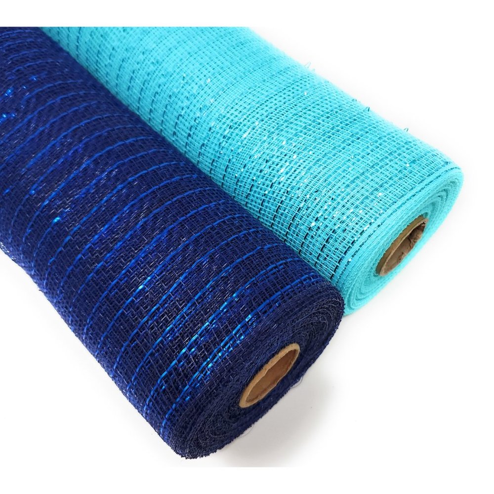 21" Decorative Metallic Deco Mesh Ribbon Rolls Garland Wrap (Aqua Blue, Navy) - Picture 2 of 3